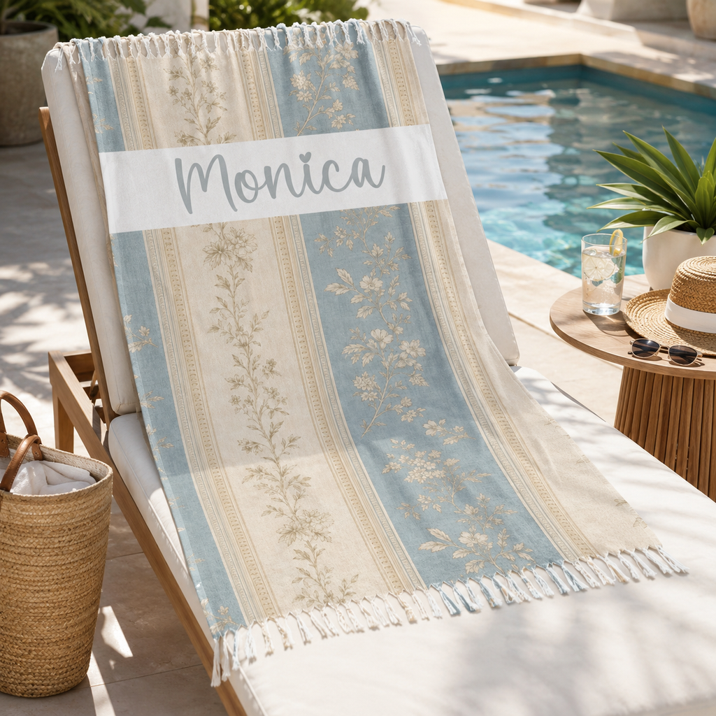 Vintage blue and cream floral stripe beach towel print design with personalized name