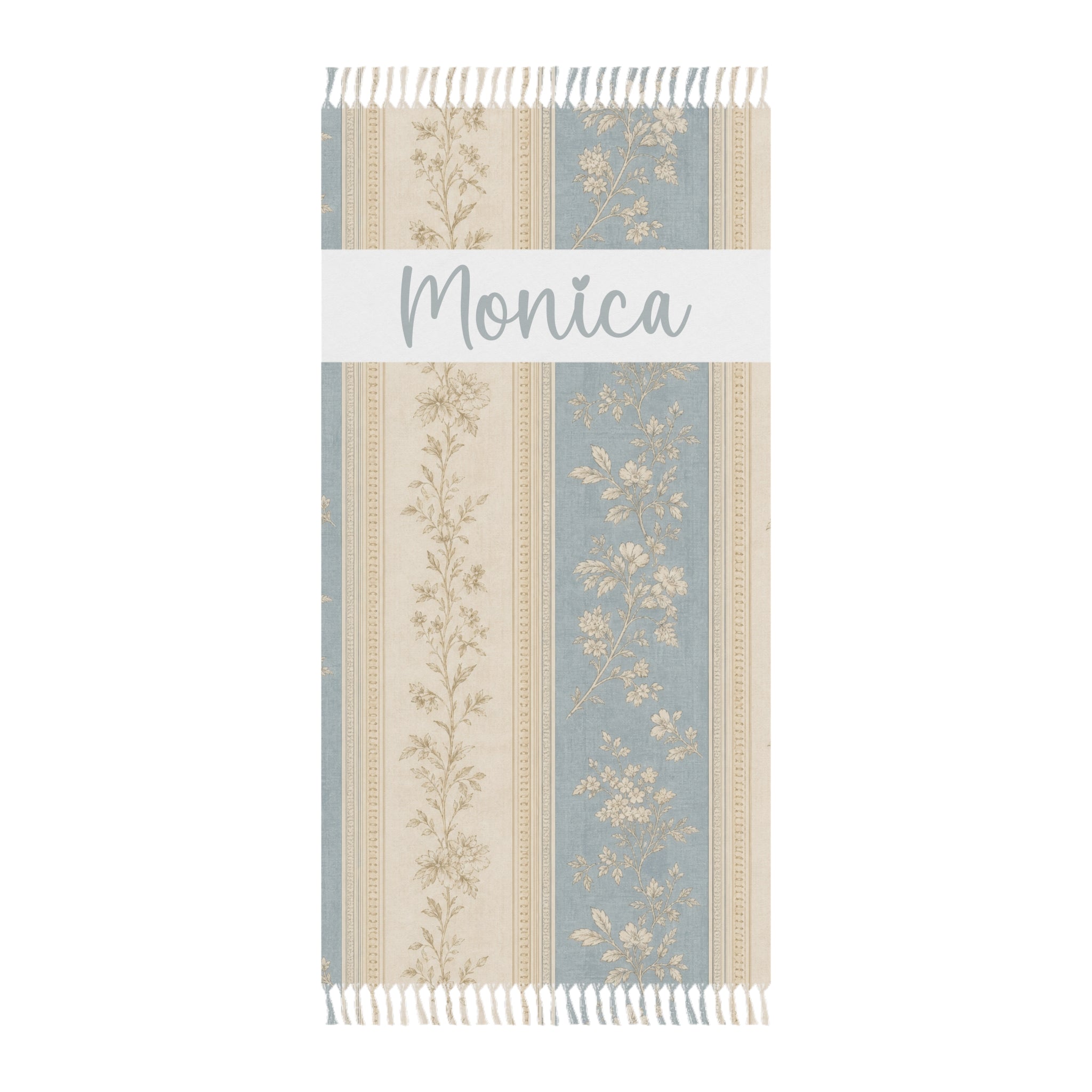 Personalized vintage floral stripe beach towel with custom name and tassels