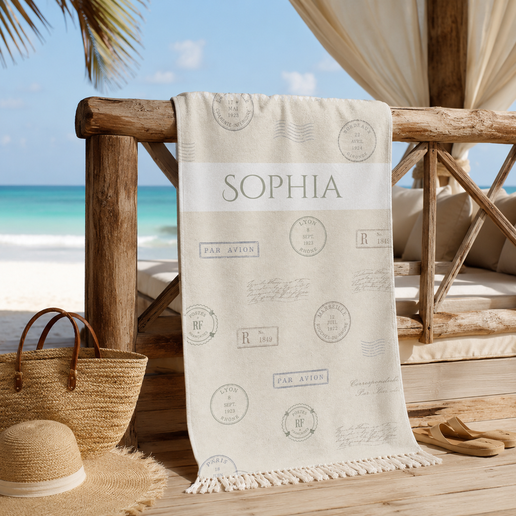 Vintage Par Avion postmark beach towel design detail with custom name