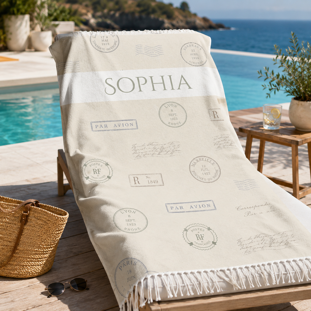 Vintage postage and postmark beach towel print design with personalized name