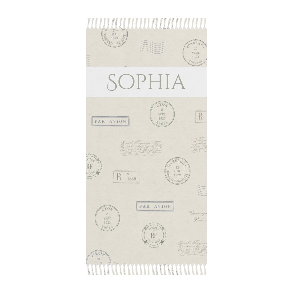 Personalized vintage postage beach towel with custom name and tassels