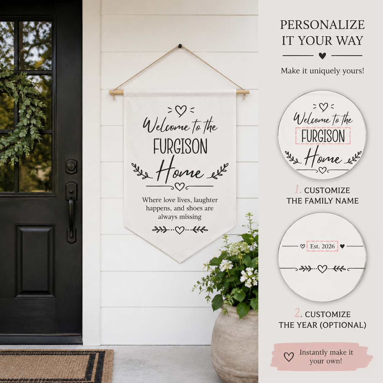 Personalization guide showing where the family name appears on the welcome home pennant
