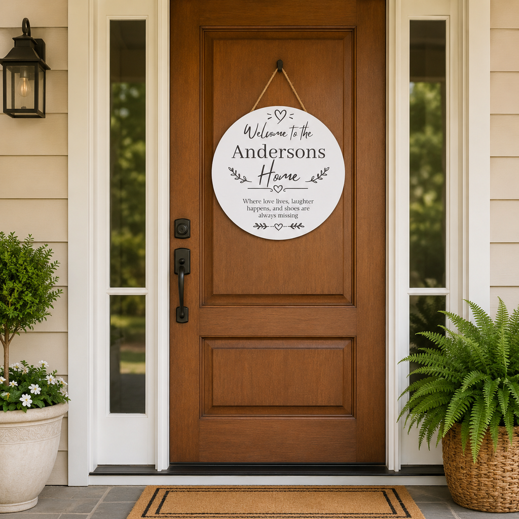 Design template for the welcome home wood plaque showing the print layout
