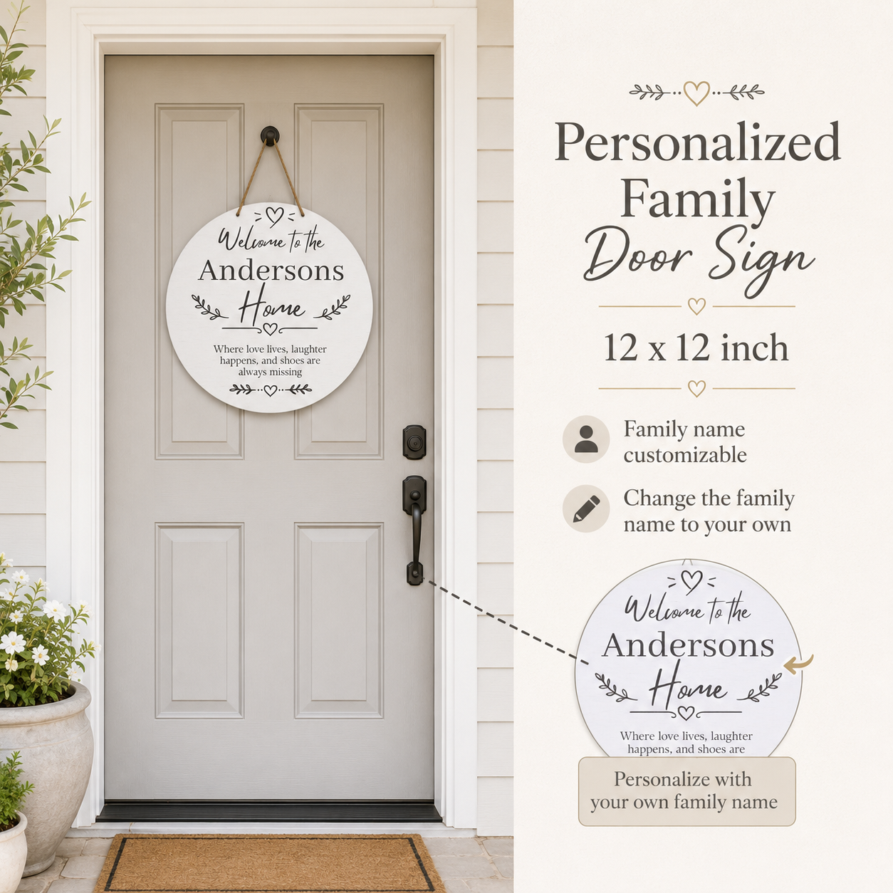 Personalization guide showing the custom family name on the welcome home wood plaque
