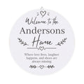 Personalized welcome home wood plaque with a family name and the words Where love lives, laughter happens, and shoes are always missing