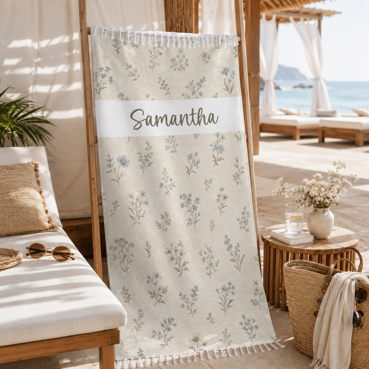 Wildflower beach towel design detail with custom name