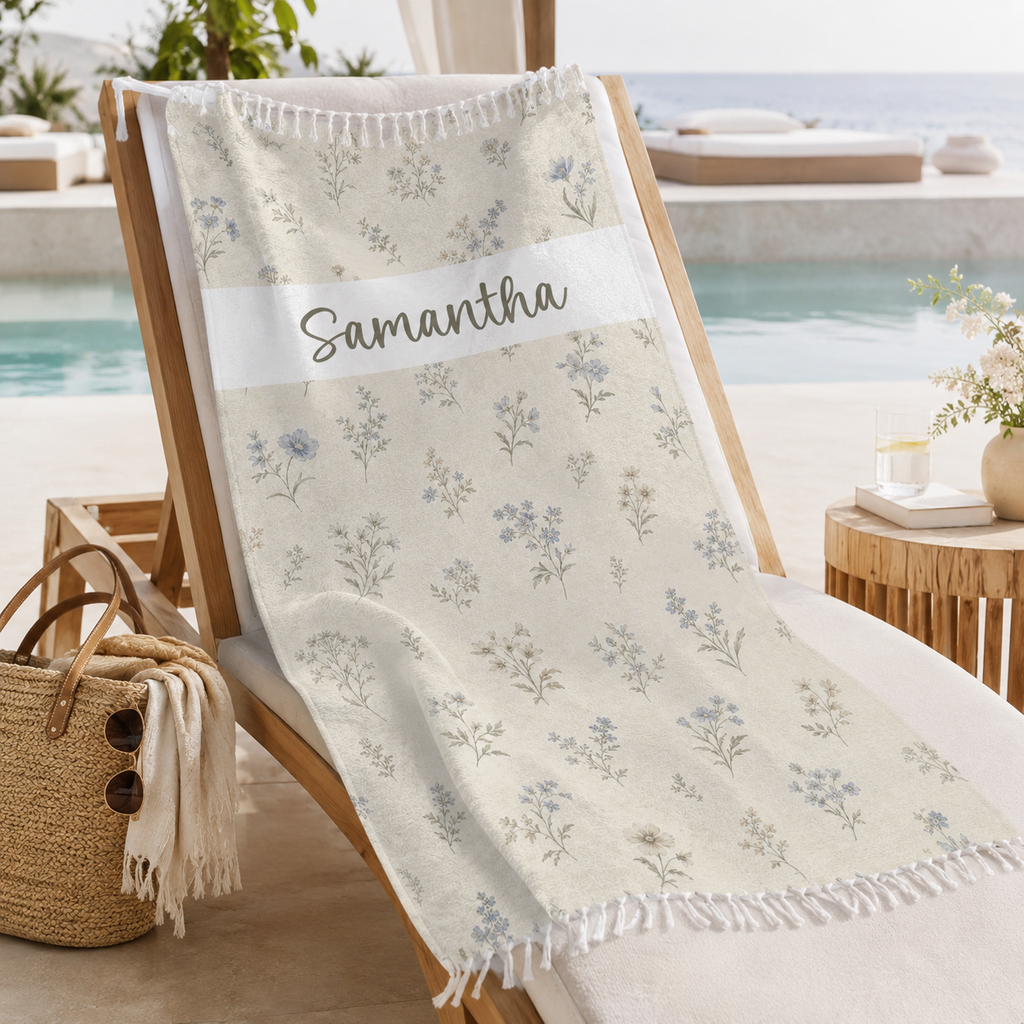 Watercolor wildflower beach towel print design with personalized name