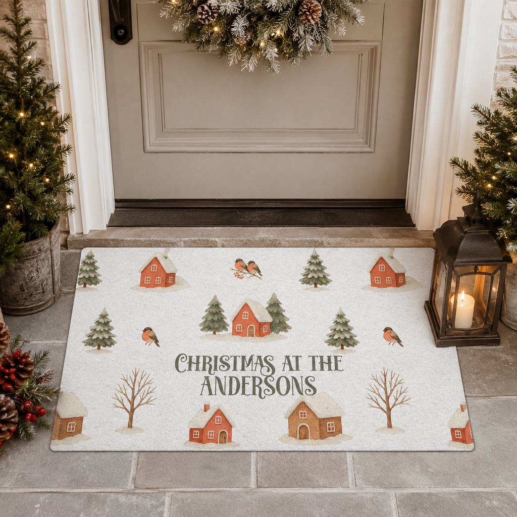Design template for the winter village Christmas doormat showing the print layout