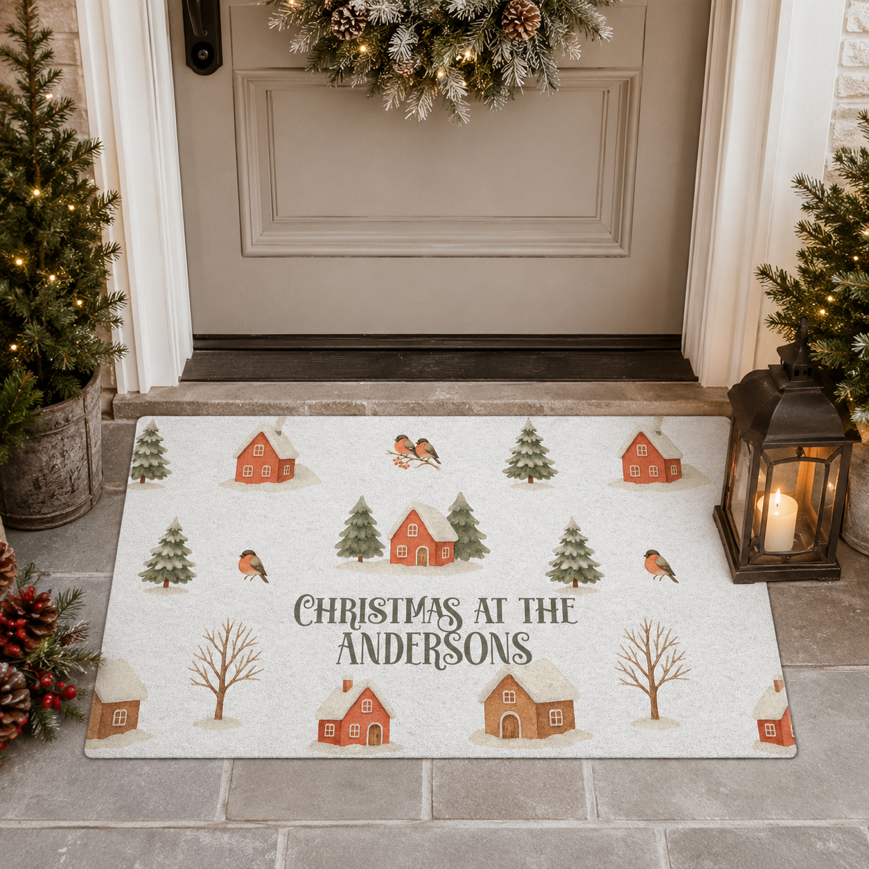 Design template for the winter village Christmas doormat showing the print layout