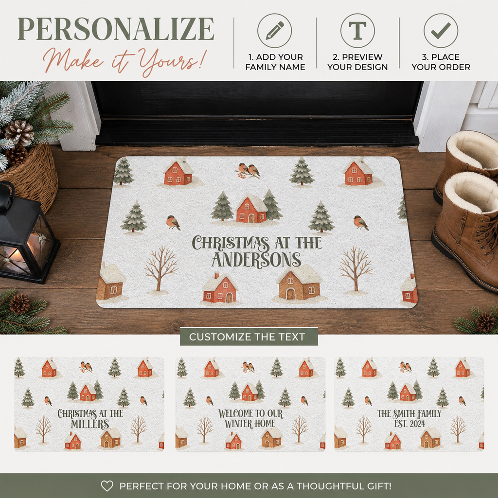 Close-up of the cottage and pine tree pattern on the winter village doormat