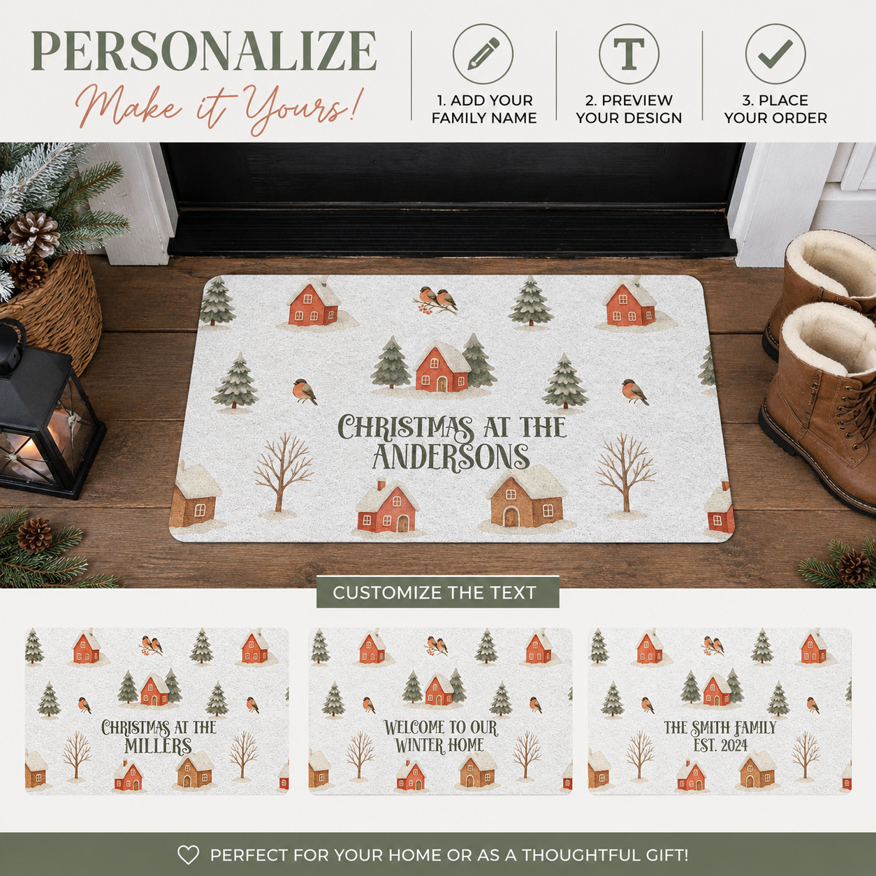 Close-up of the cottage and pine tree pattern on the winter village doormat