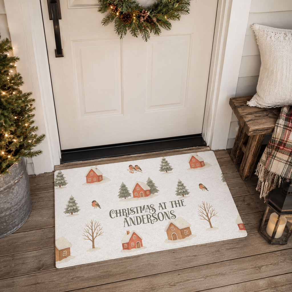 Personalization guide showing the custom family name on the winter village doormat