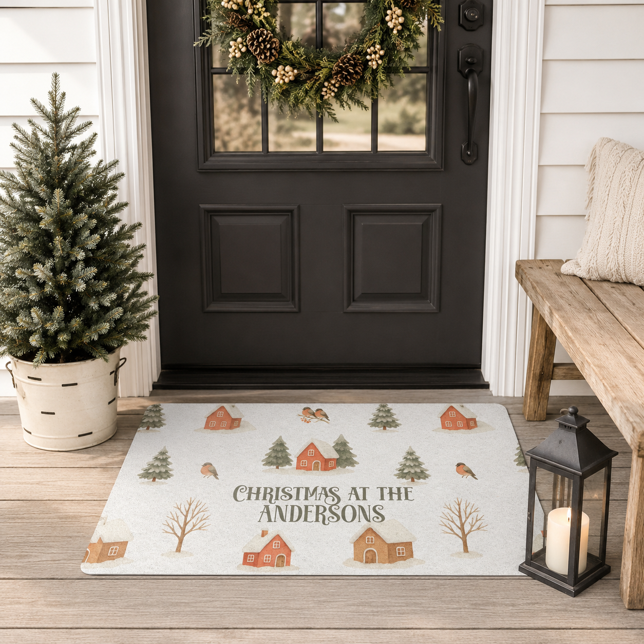 Winter village Christmas doormat shown on a floor by a front door