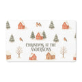 Personalized winter village Christmas doormat with a family name, cozy cottages, pine trees and robins on a snowy background