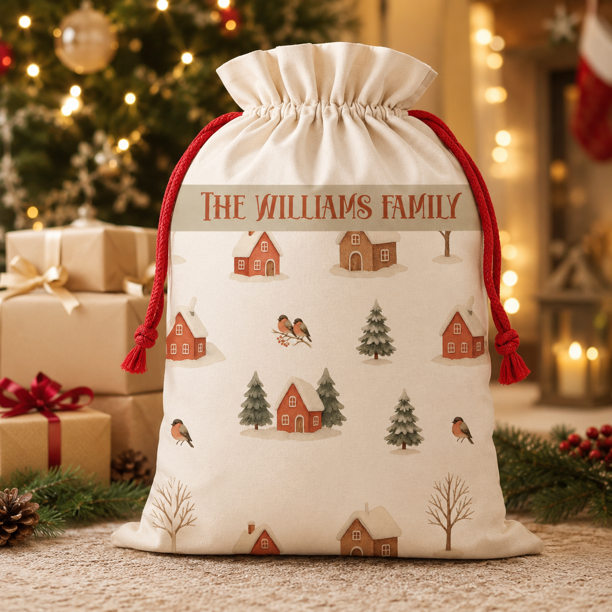 Design template for the winter village Santa sack showing the print layout