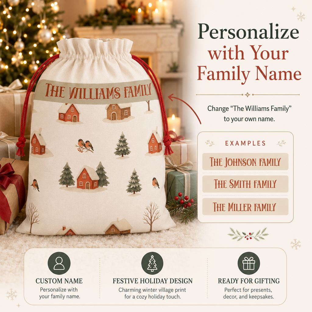 Personalization guide showing the family name band on the winter village Santa sack