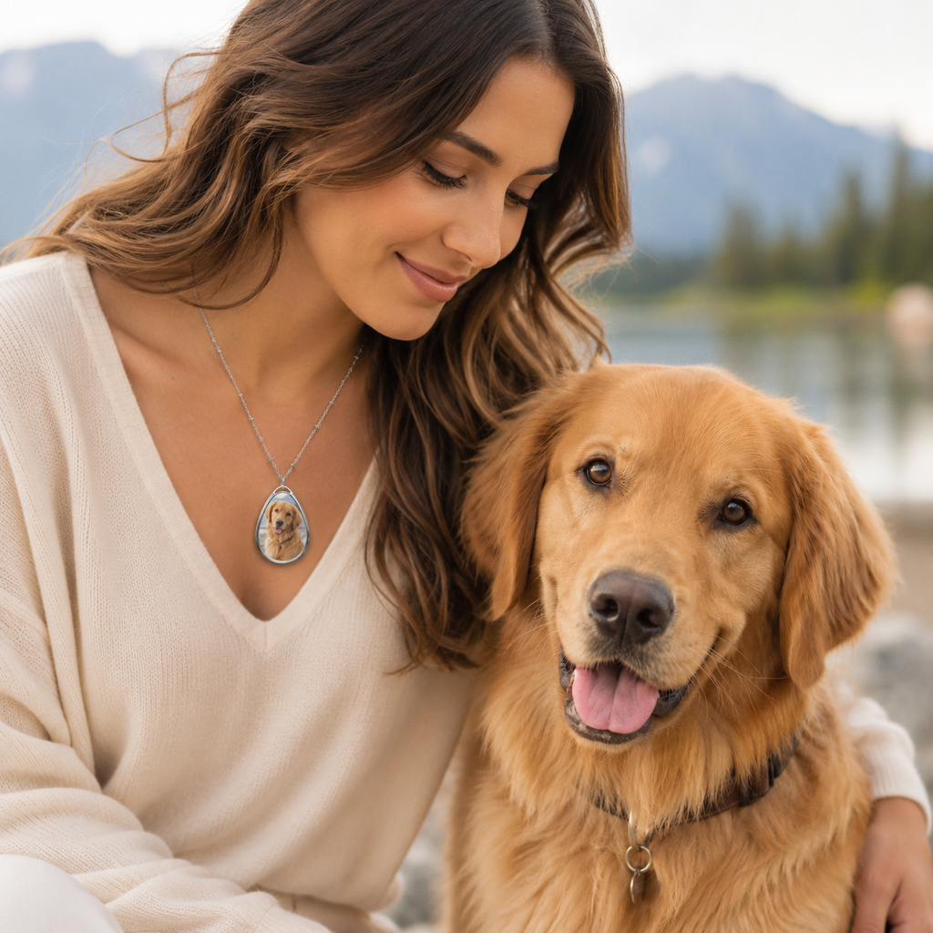 Pet photo necklace shown on a silver-tone beaded chain