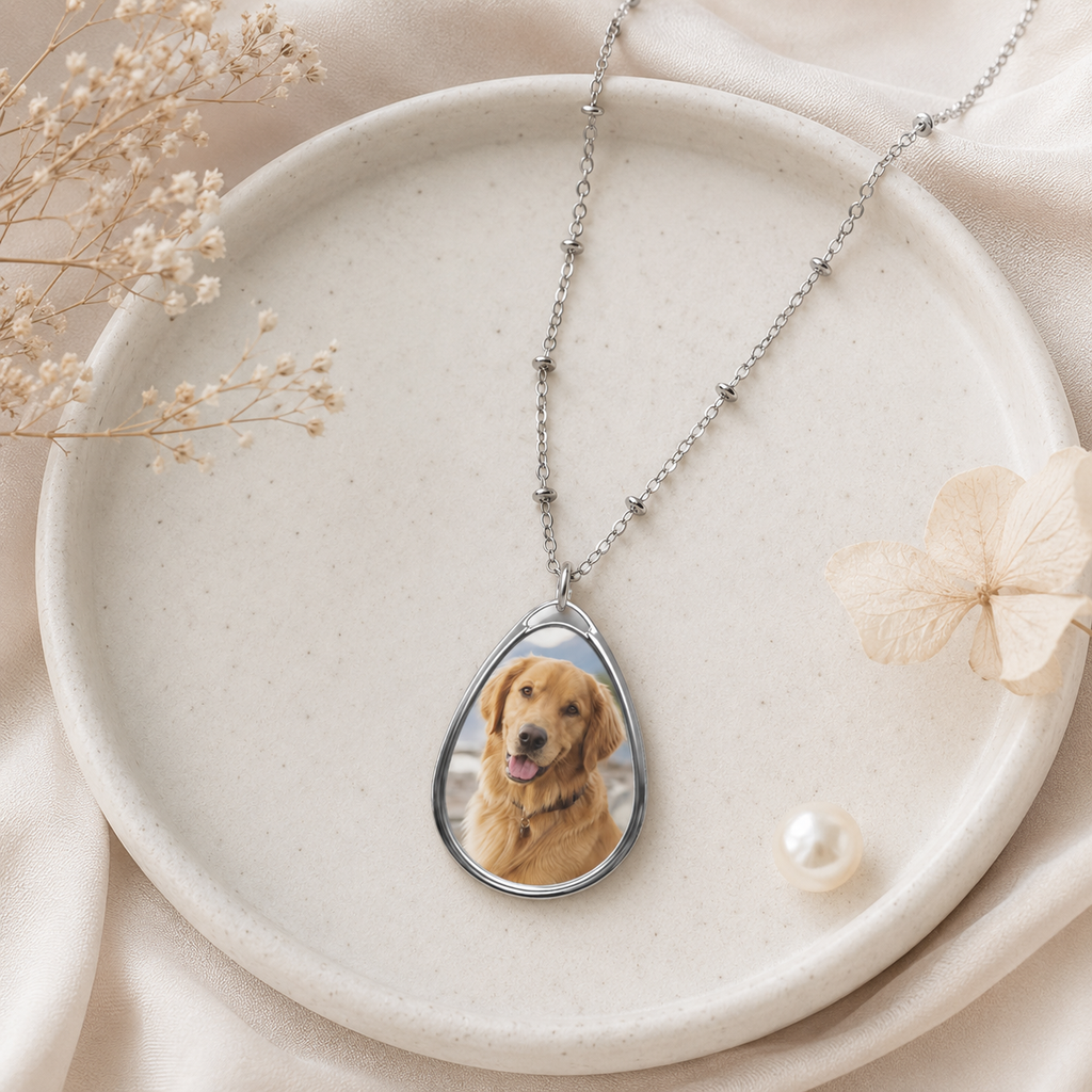 Close-up of a personalized pet photo pendant necklace