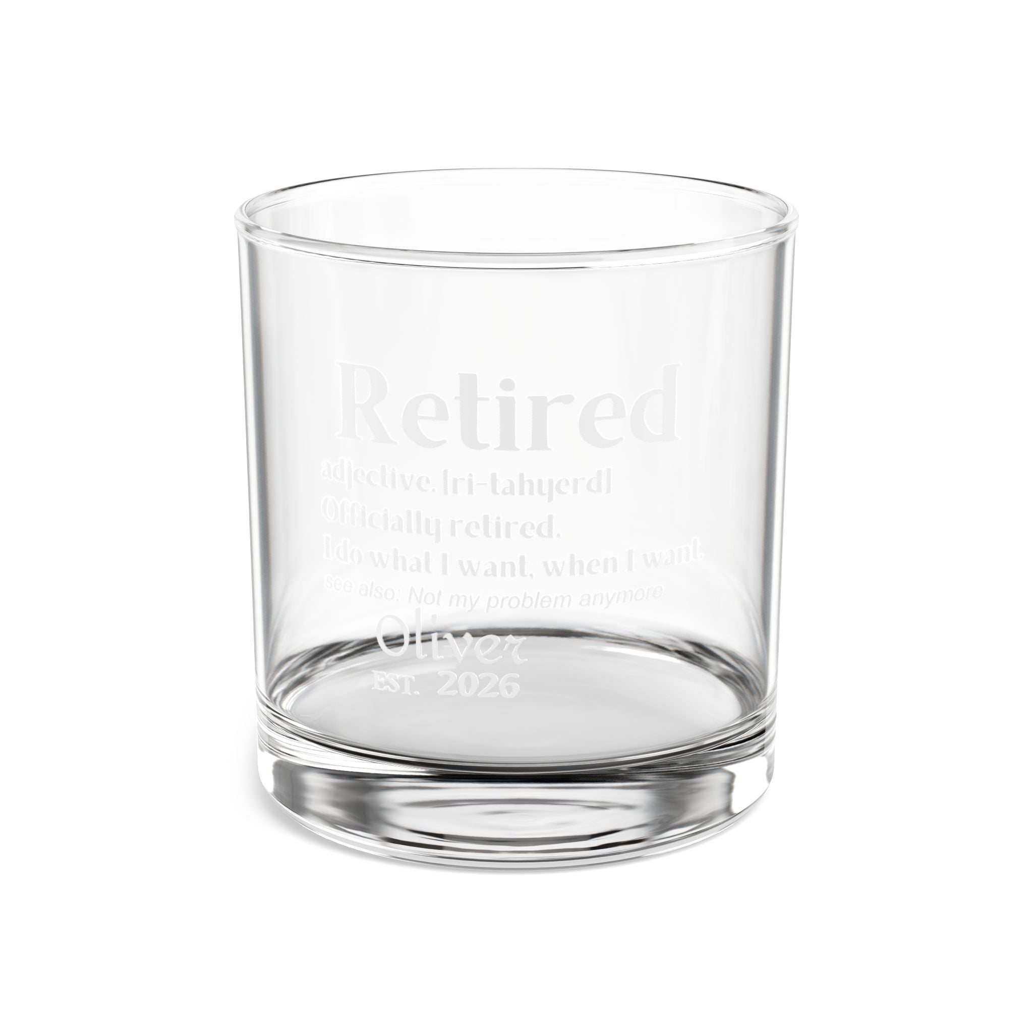 Clear tempered retirement whiskey glass personalized with a name and year