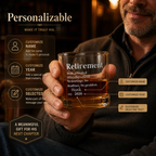 Close-up of the 'Retirement Mode Activated' personalized retirement glass design
