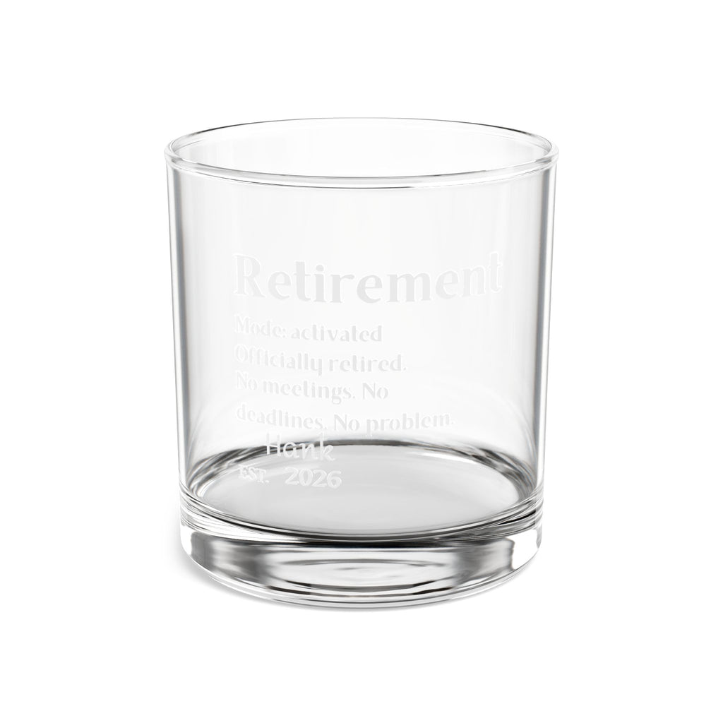 Clear tempered retirement whiskey glass personalized with a name and year