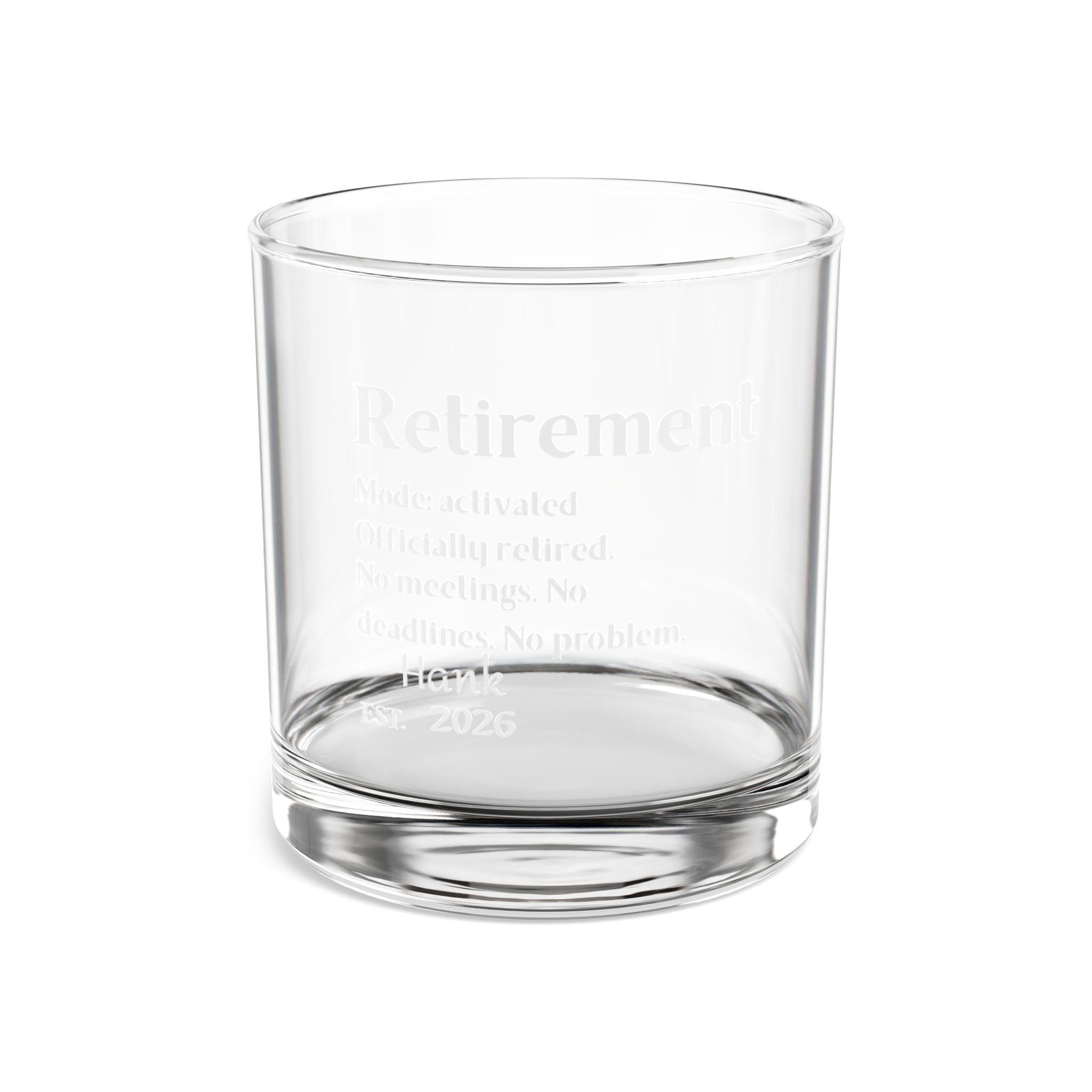 Clear tempered retirement whiskey glass personalized with a name and year