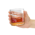 Hand holding a personalized 'Retirement Mode Activated' whiskey rocks glass with whiskey