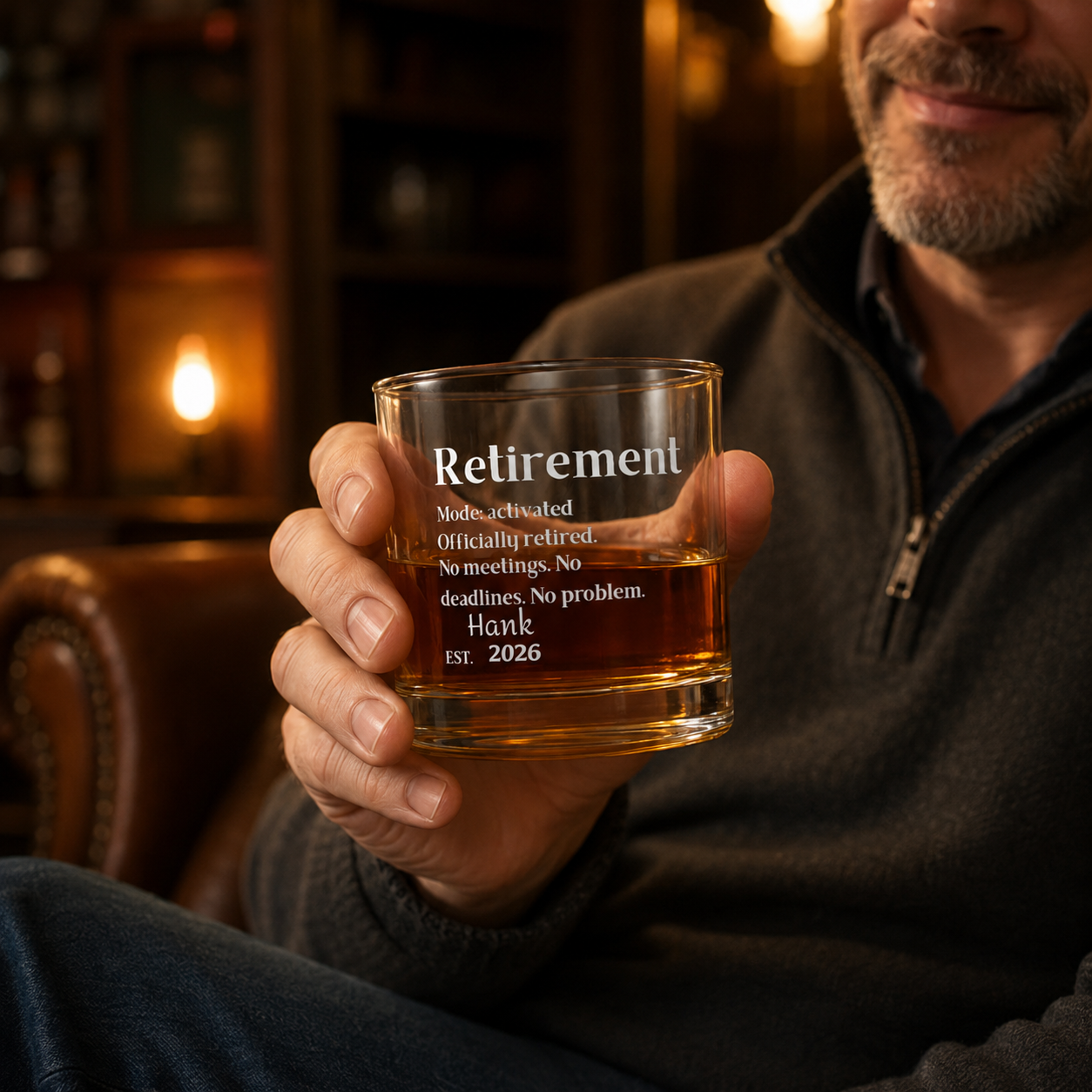 Wraparound 'Retirement Mode Activated' print design for a personalized retirement glass