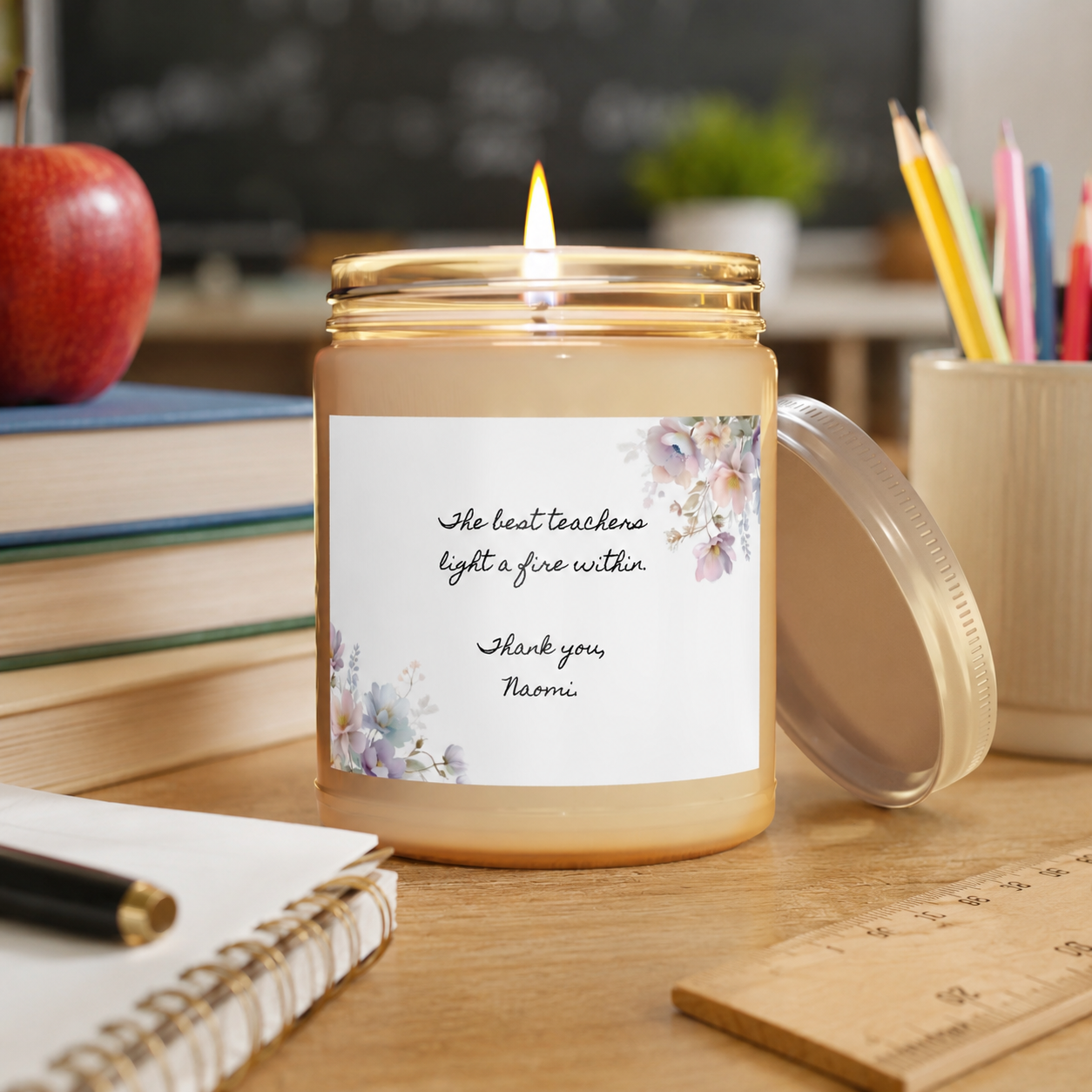 Watercolor floral design artwork for the personalized teacher appreciation candle label