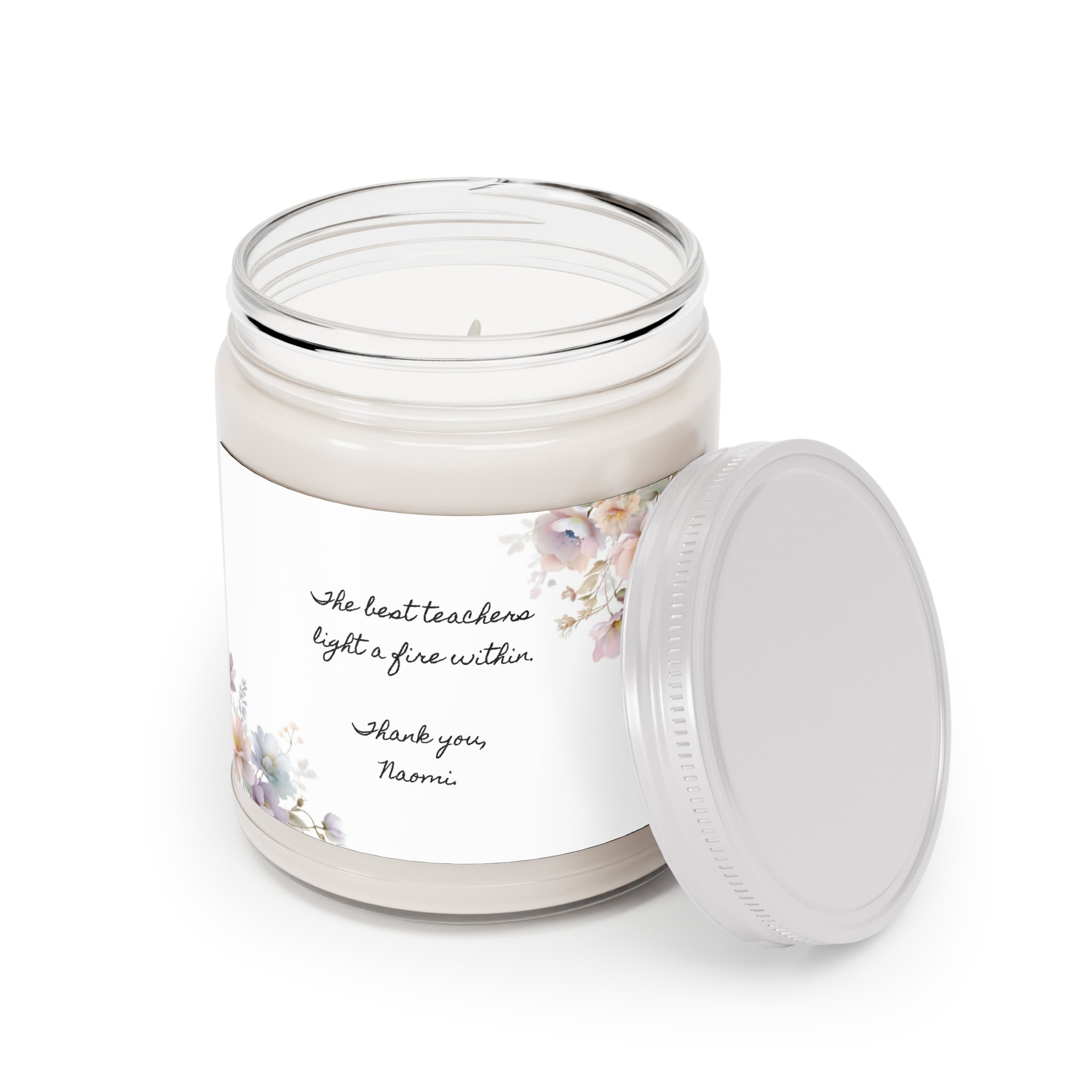 Detail of the pastel watercolor flowers on the personalized teacher candle label