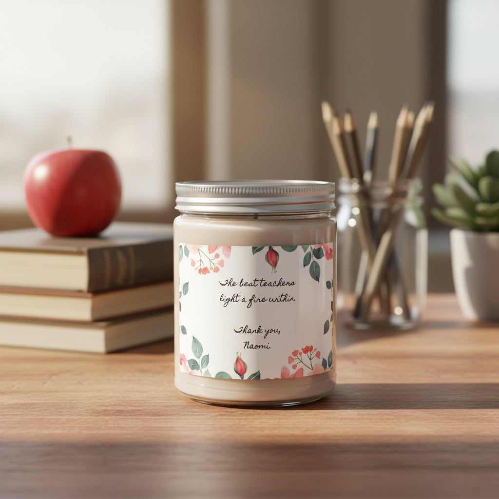 Personalized teacher appreciation soy candle in a clear glass jar with a white lid