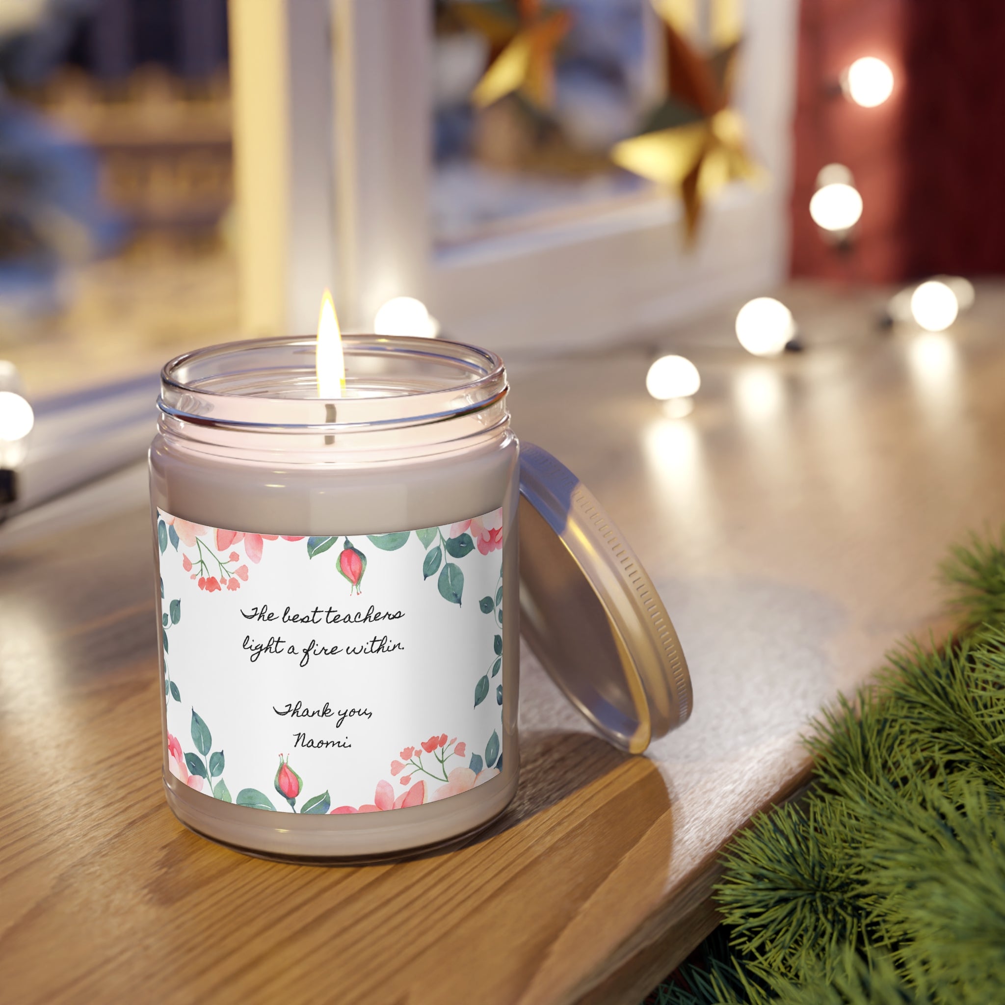 Close-up of the personalized message on a teacher appreciation candle