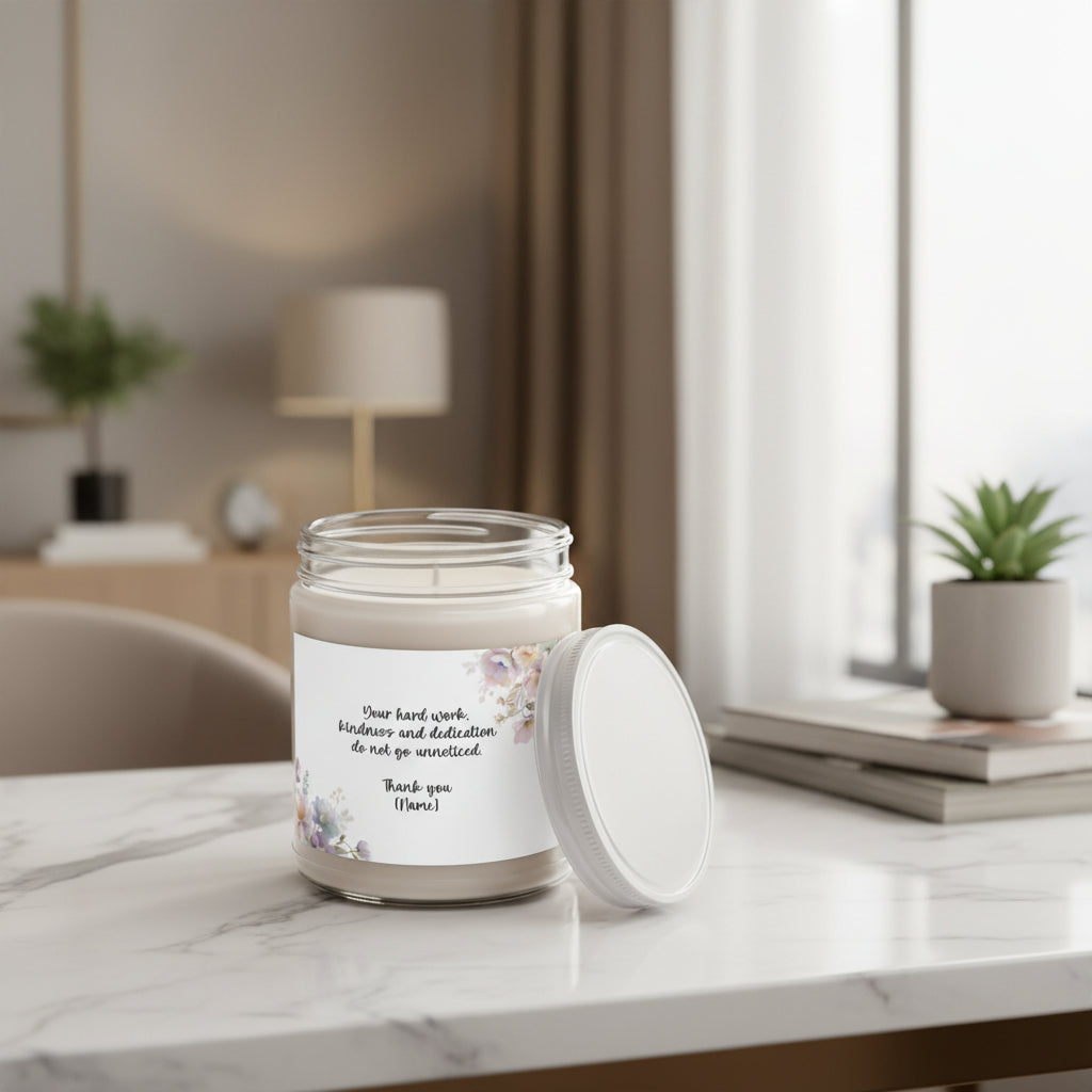 Hand-poured soy appreciation candle styled beside fresh flowers