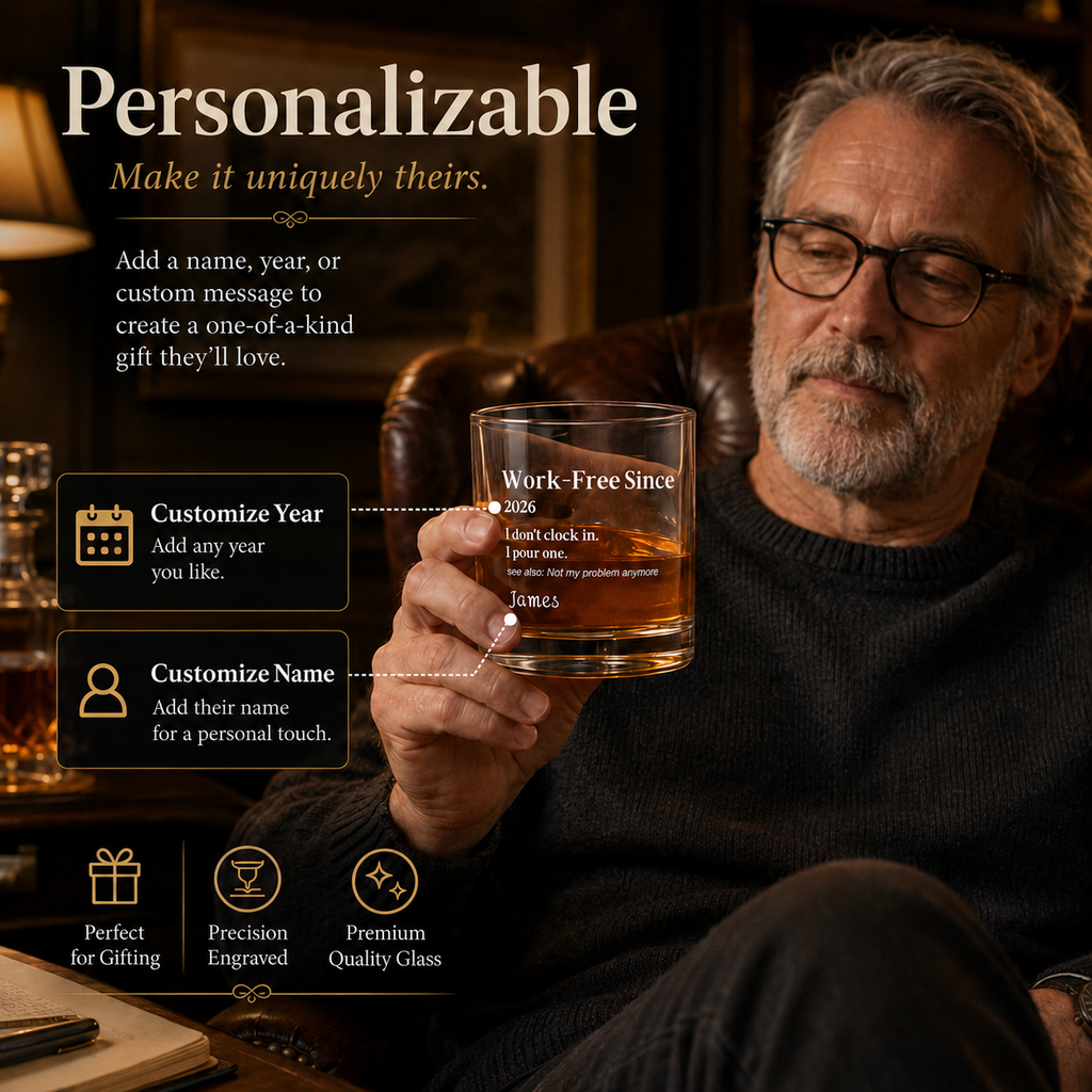 Close-up of the 'Work-Free Since' personalized retirement glass design