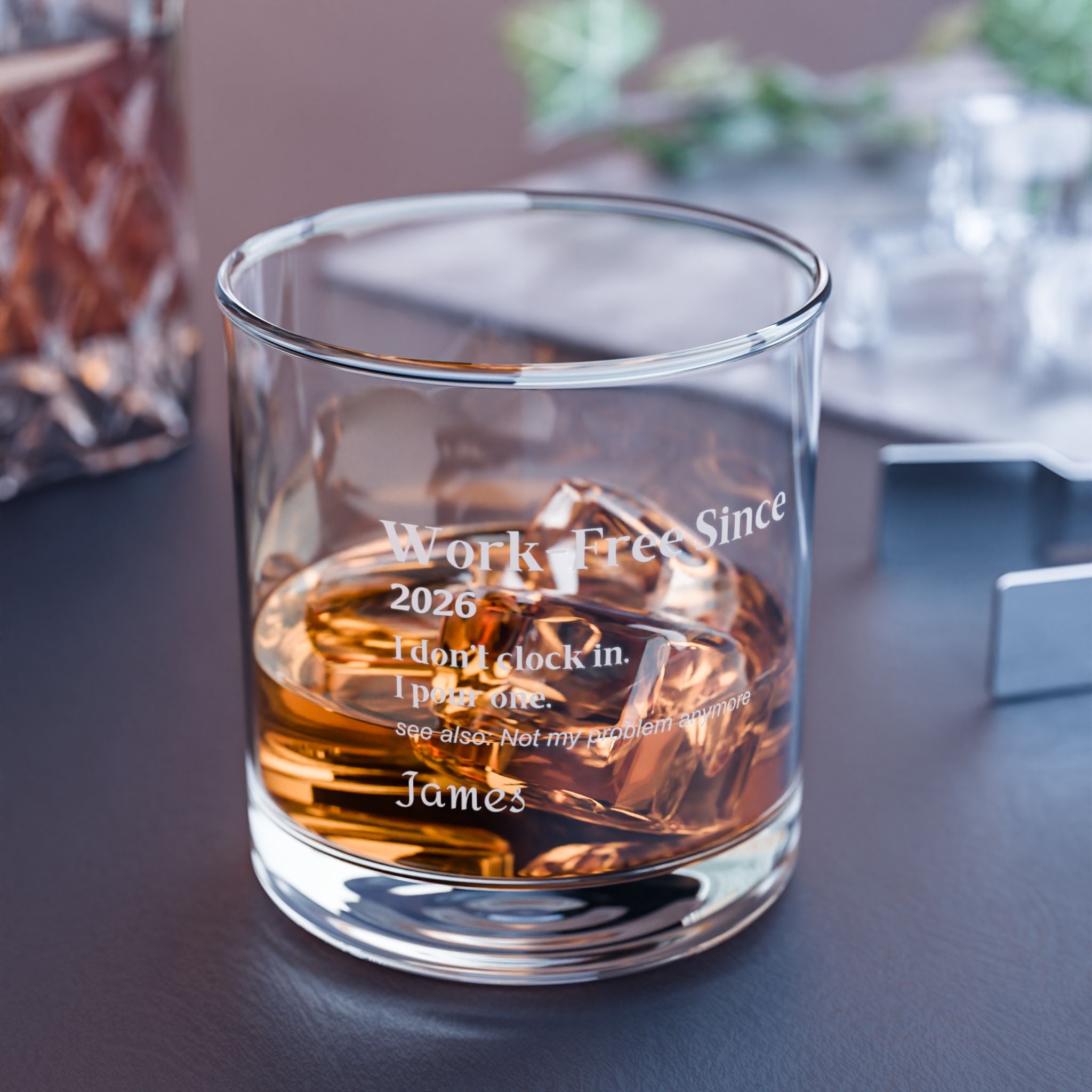 Clear tempered retirement whiskey glass personalized with a name and year