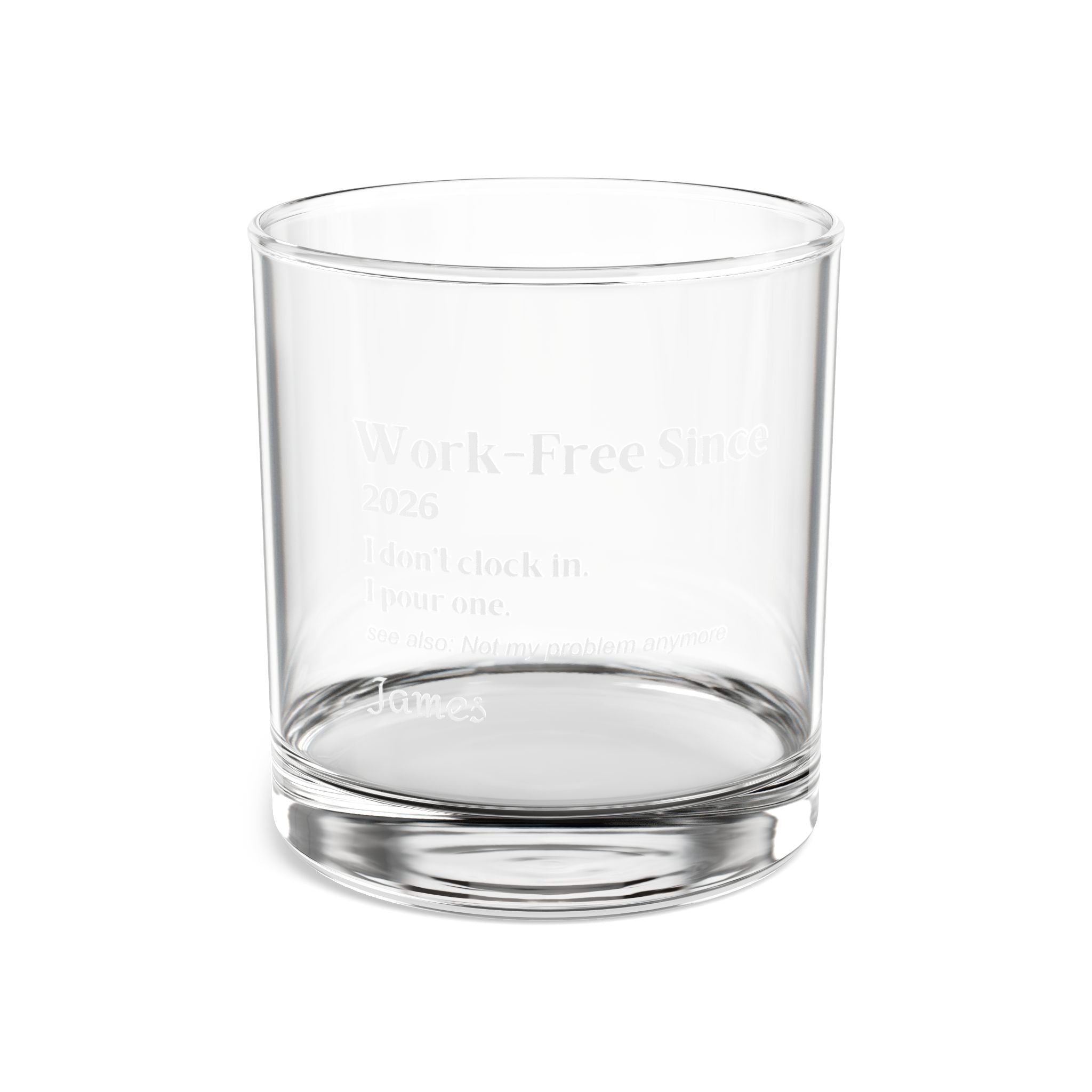 Personalized 10oz retirement whiskey rocks glass with the 'Work-Free Since' design